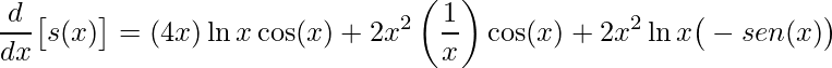 \displaystyle \frac{d}{dx}\big[s(x)\big]=\left (4x \right )\ln x \cos(x)+ 2x^{2}\left ( \frac{1}{x} \right ) \cos(x)+2x^{2}\ln x\big(-sen(x) \big)