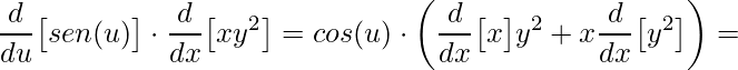 \displaystyle \frac{d}{du}\big[sen(u)\big]\cdot \frac{d}{dx}\big[xy^{2}\big]=cos(u)\cdot\bigg(\frac{d}{dx}\big[x\big]y^{2}+x\frac{d}{dx}\big[y^{2}\big]\bigg)=
