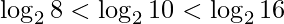 \displaystyle \log_{2} 8<\log_{2}10<\log_{2}16