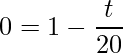 \displaystyle 0=1-\frac{t}{20}