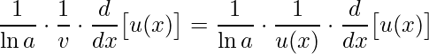 \displaystyle \frac{1}{\ln a}\cdot \frac{1}{v}\cdot \frac{d}{dx}\big[u(x)\big]=\frac{1}{\ln a}\cdot \frac{1}{u(x)}\cdot \frac{d}{dx}\big[u(x)\big]